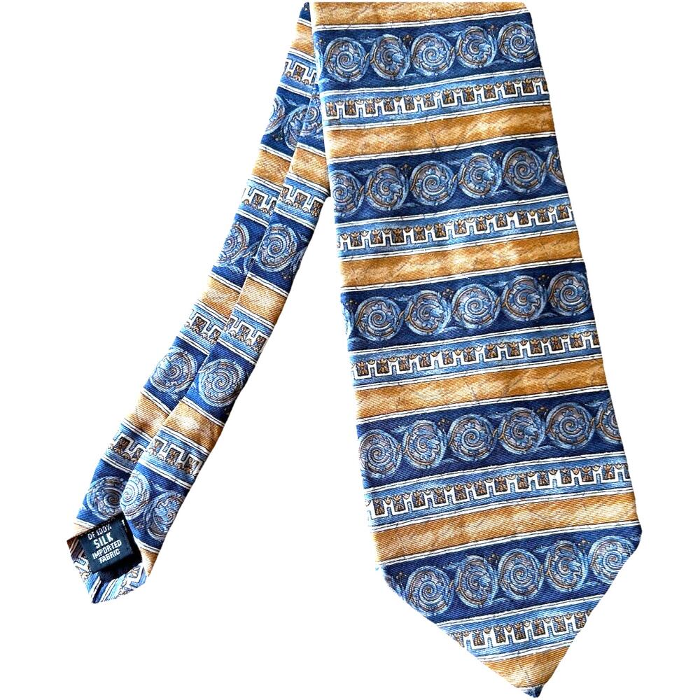 VTG 80s 90s Bill Blass Silk Tie Ivy League Blue Tan Classic Geometric Pattern